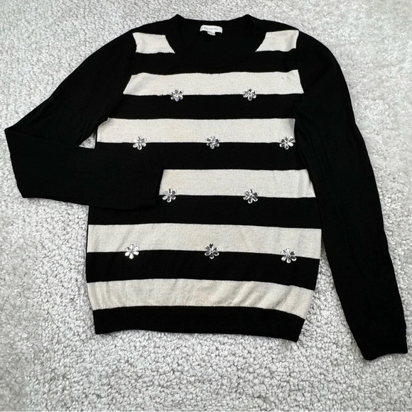 Garnet Hill 100% Wool Rhinestone Flower Striped Shirt. Black and Tan. Small - Picture 2 of 11